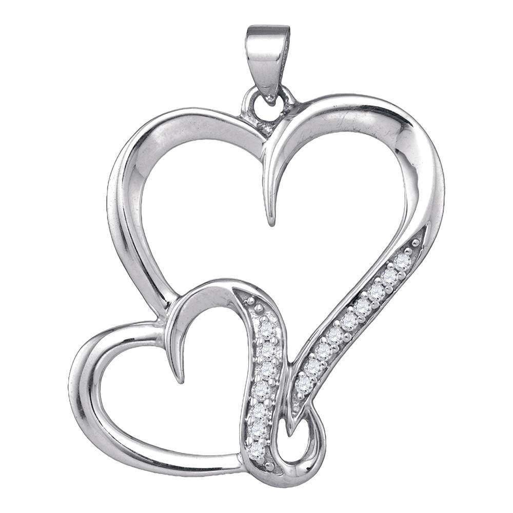 Sterling Silver Womens Round Diamond Double Heart Pendant 1/10 Cttw, Length: 1.15 In, Width: 0.81 In