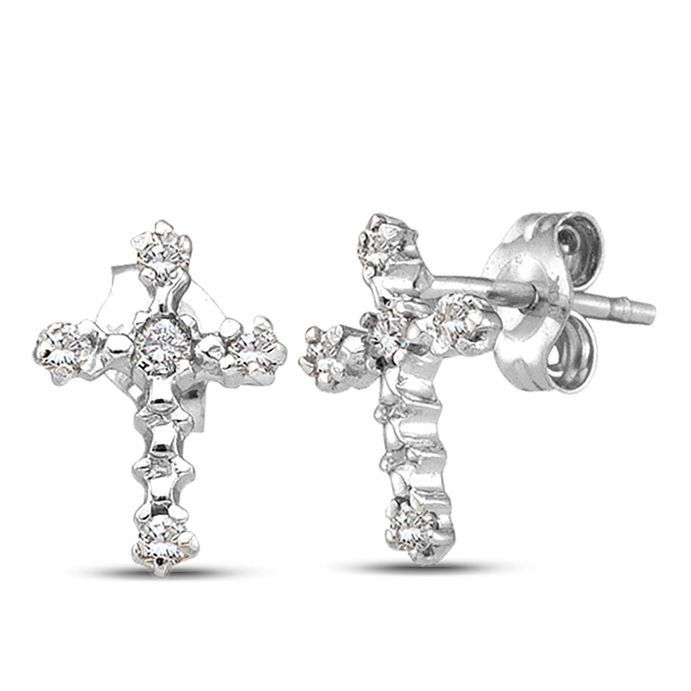 10K White Gold Womens Round Diamond Cross Earrings 1/20 Cttw