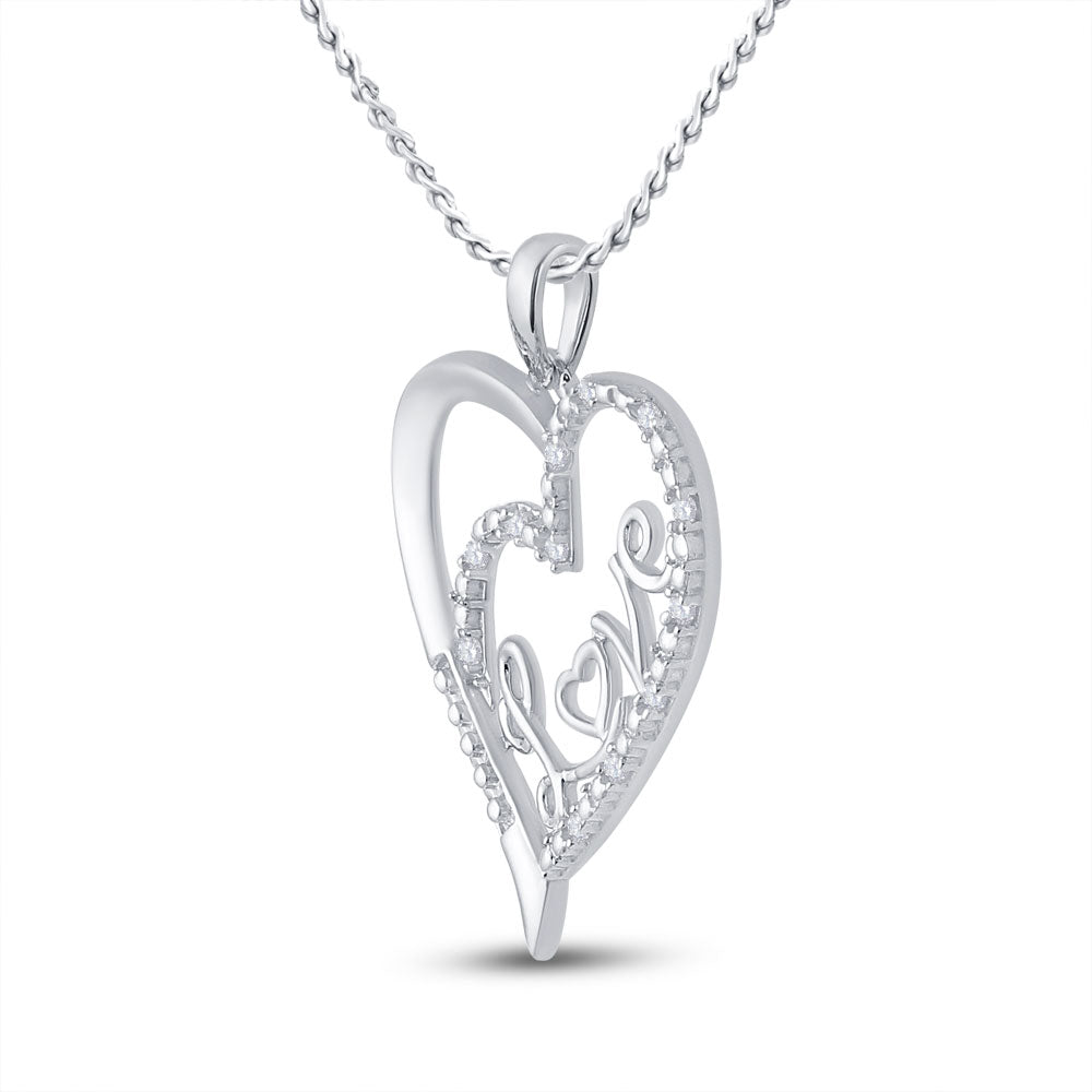 Sterling Silver Womens Round Diamond Love Heart Pendant 1/10 Cttw, Length: 1.28 In, Width: 0.98 In