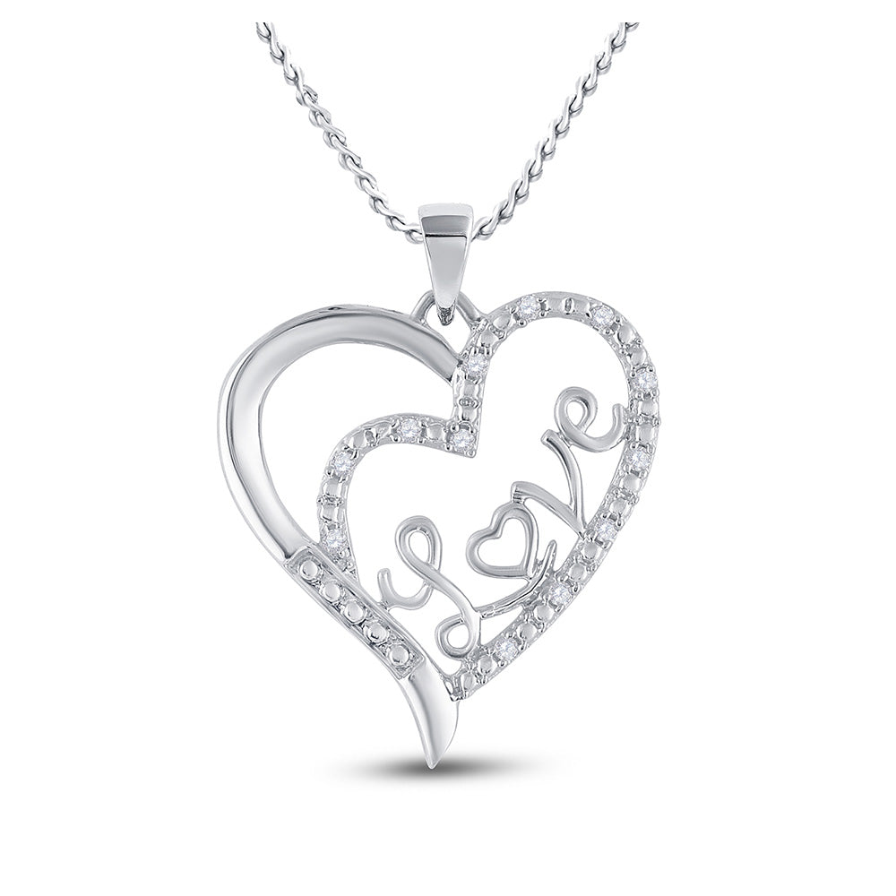 Sterling Silver Womens Round Diamond Love Heart Pendant 1/10 Cttw, Length: 1.28 In, Width: 0.98 In