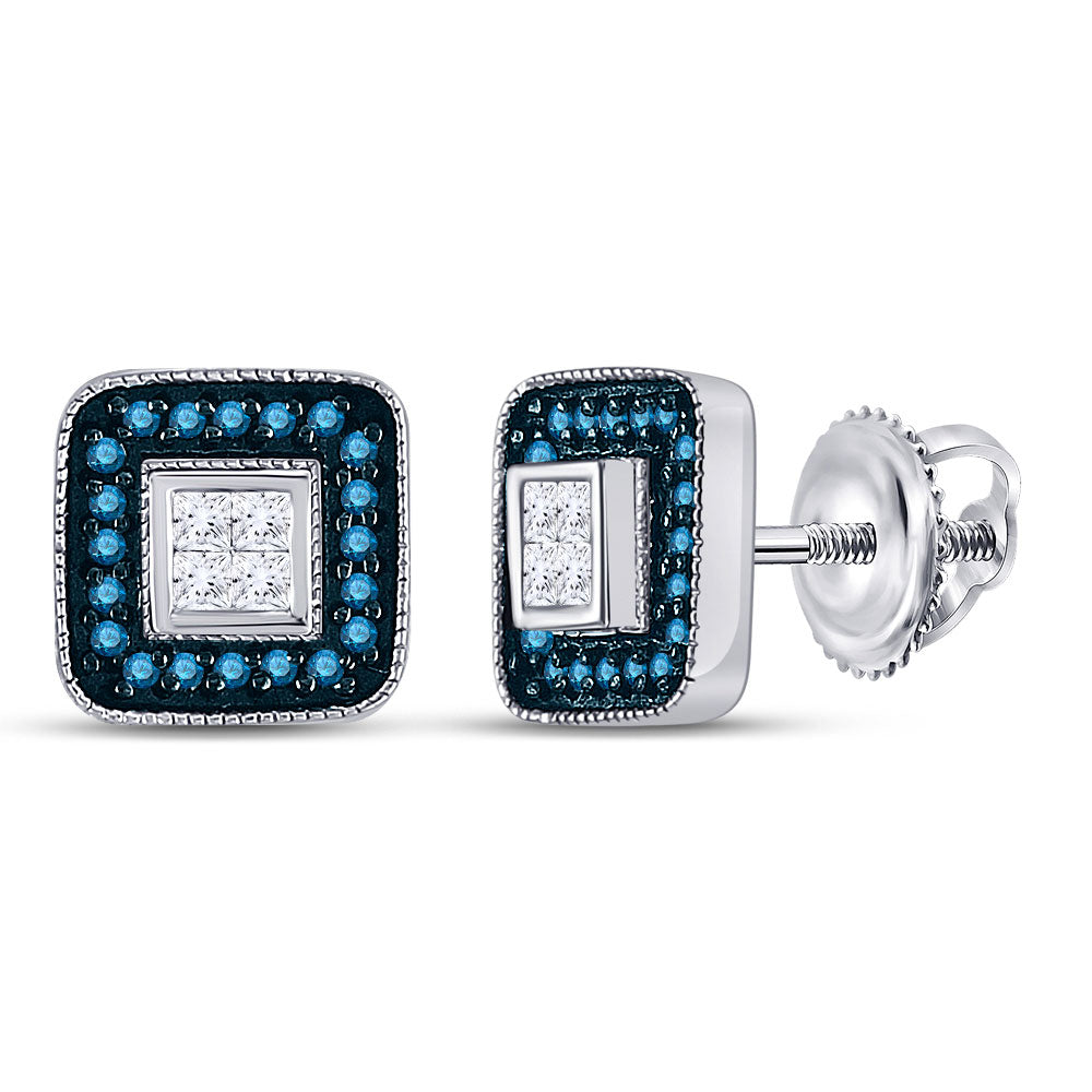 10K White Gold Womens Round Blue Color Enhanced Diamond Square Cluster Earrings 1/3 Cttw