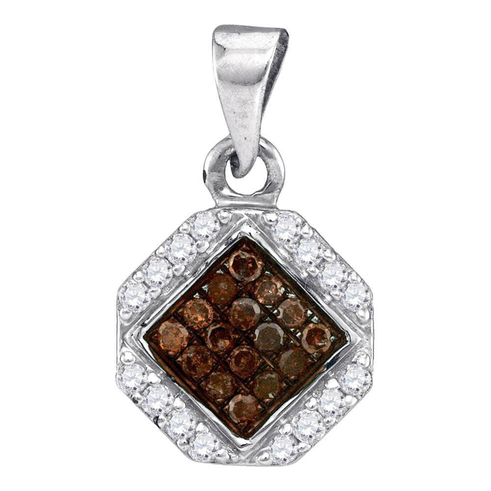 10K White Gold Womens Round Brown Diamond Geometric Cluster Pendant 1/4 Cttw, Length: 0.7 In, Width: 0.45 In