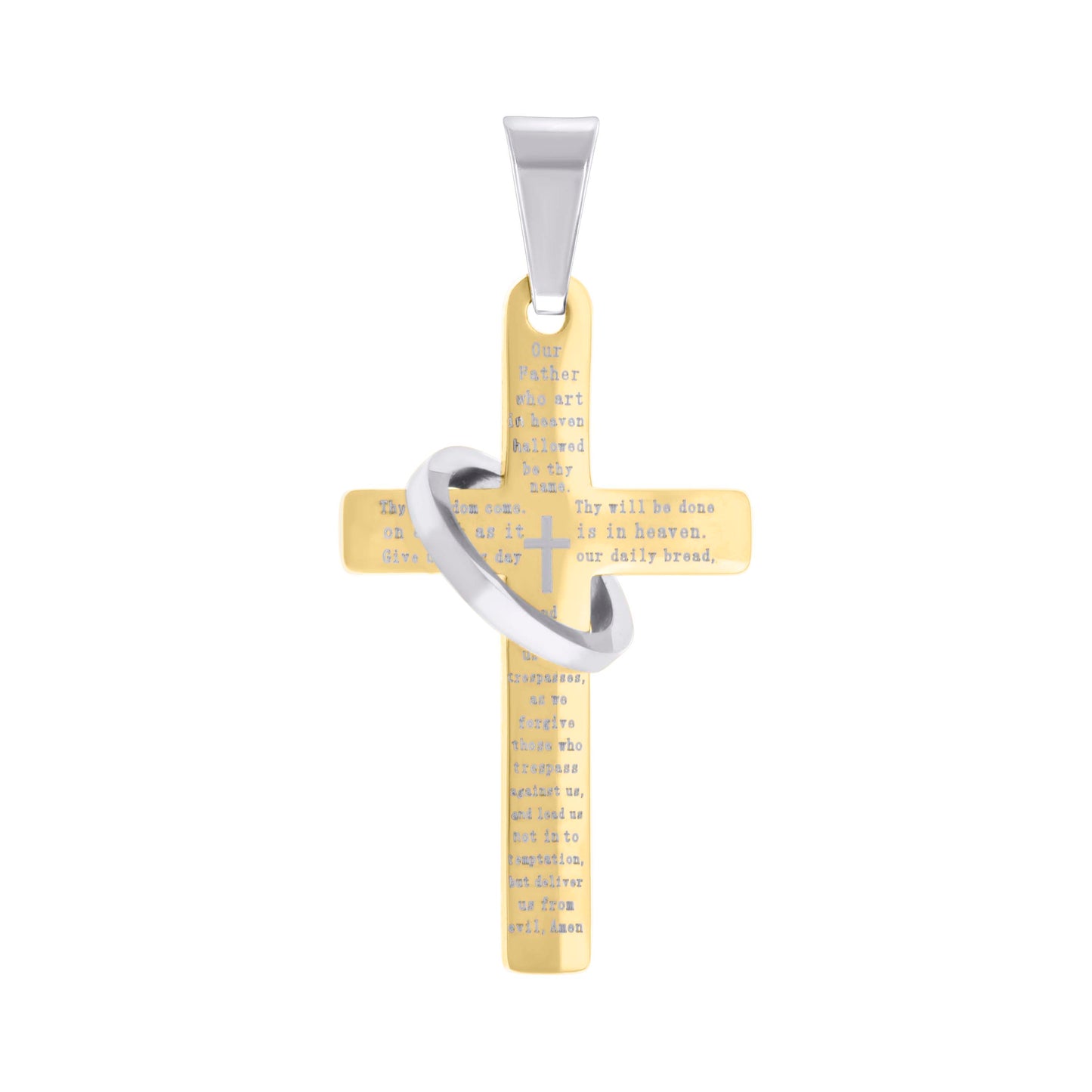 Stainless Steel Mens English Bible Lords Prayer Cross Ring Religious Charm Pendant
