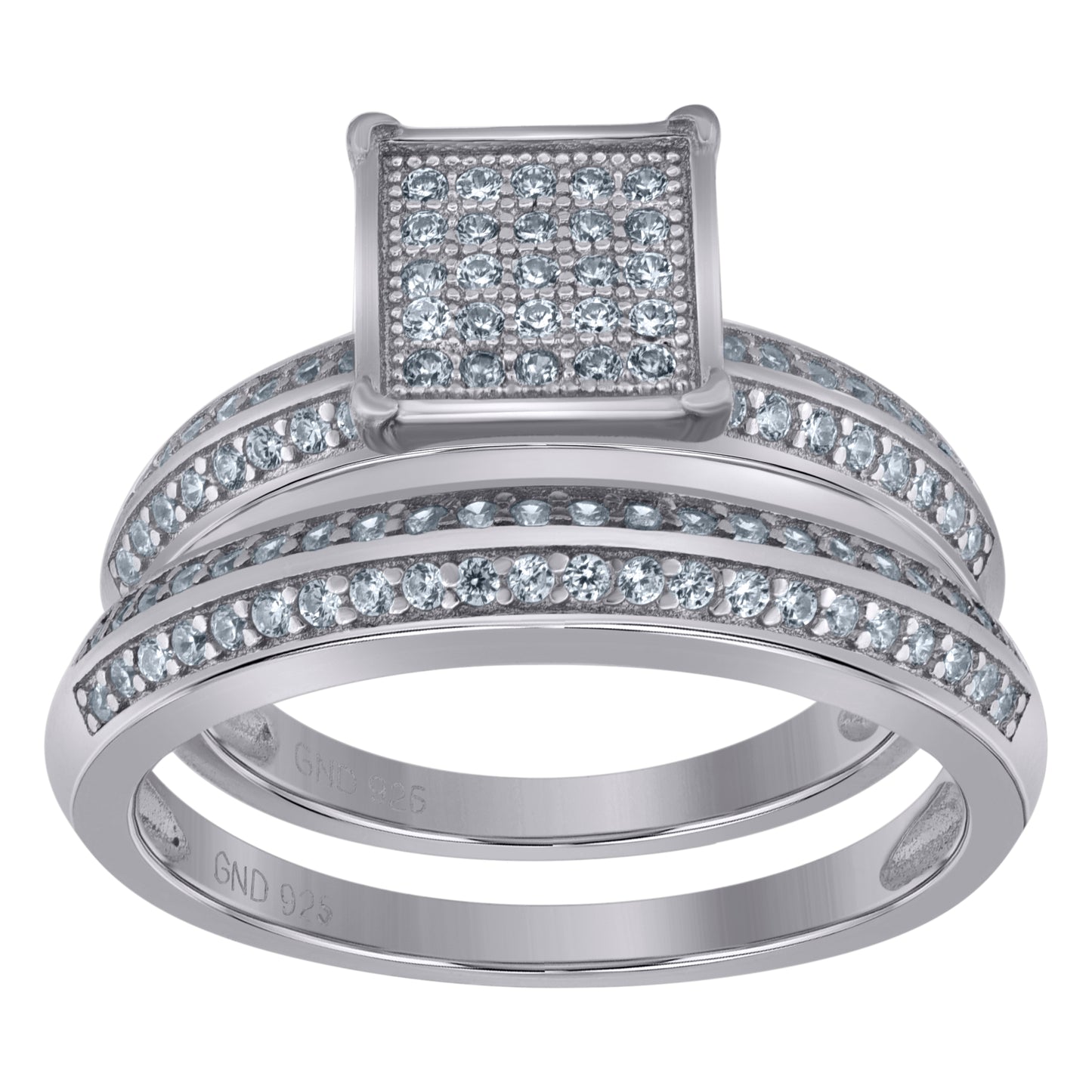 Sterling Silver Cubic Zirconia Square Head Trio Bridal Anniversary Wedding Engagement Band Ring Set