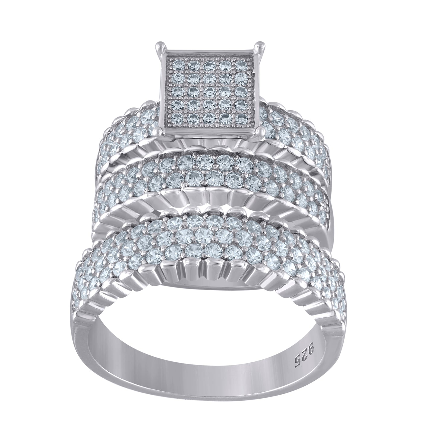 Sterling Silver Cubic Zirconia Square Head Trio Bridal Anniversary Wedding Engagement Band Ring Set