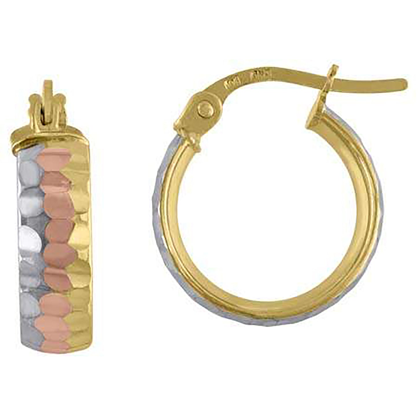 10K Tri-Color Gold Womens Diamond-cut Hinged Hoops Huggies