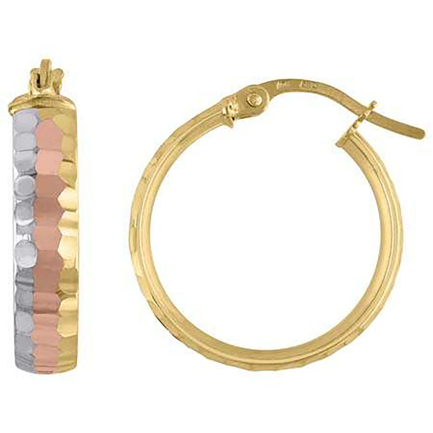 10K Tri-Color Gold Womens Diamond-cut Hinged Hoops Huggies