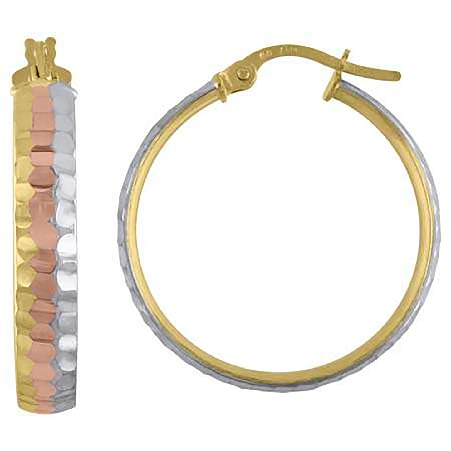 10K Tri-Color Gold Womens Diamond-cut Hinged Hoops Huggies