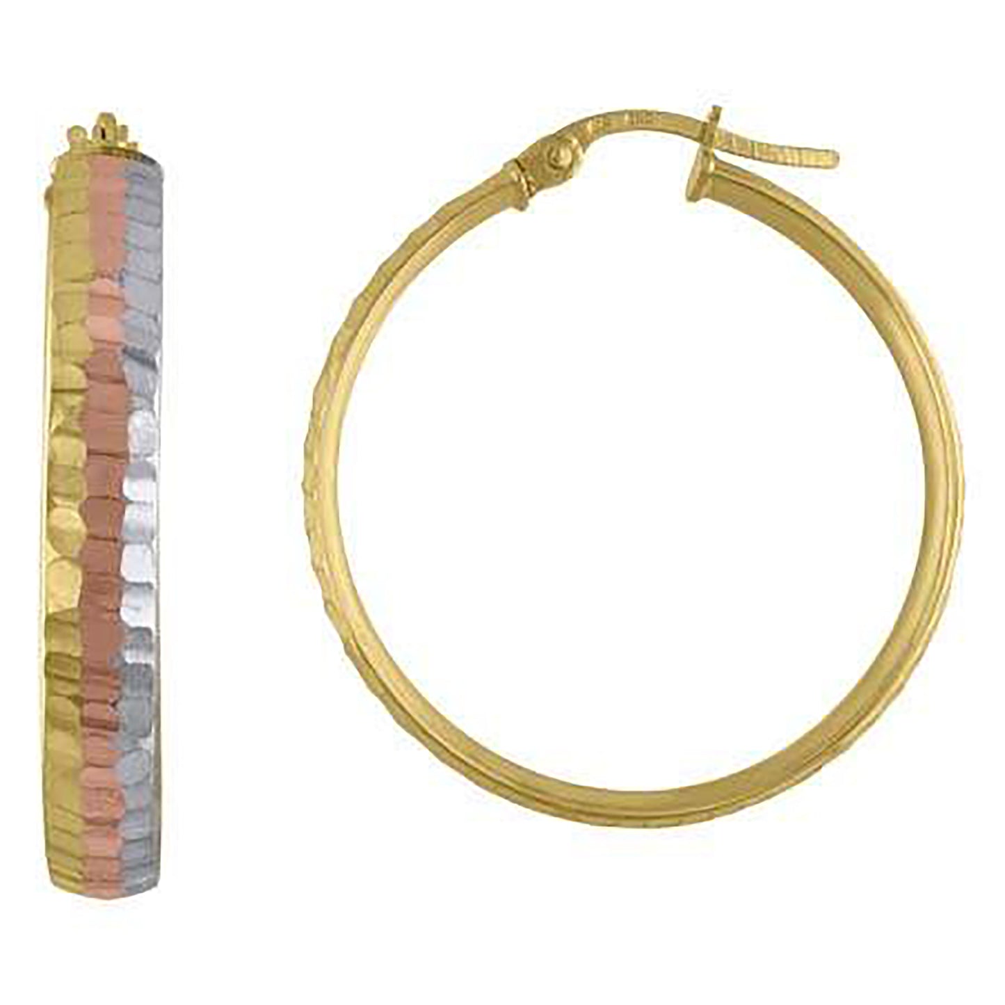 10K Tri-Color Gold Womens Diamond-cut Hinged Hoops Huggies