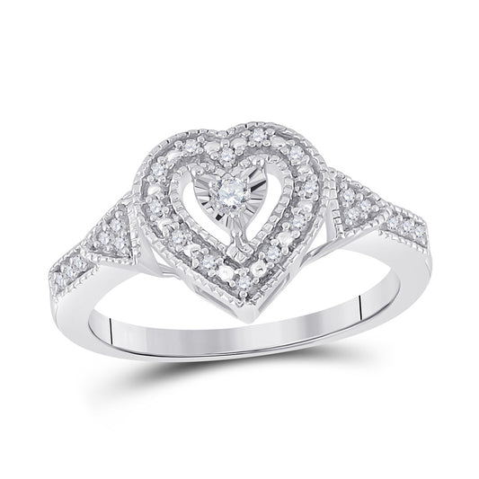 Sterling Silver Womens Round Diamond Heart Ring 1/8 Cttw, Womens Size: 5-10