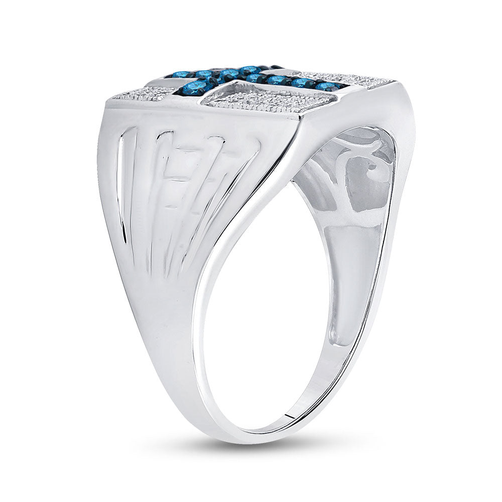 Sterling Silver Mens Round Blue Color Enhanced Diamond Cross Religious Ring 1/2 Cttw, Mens Size: 7-13
