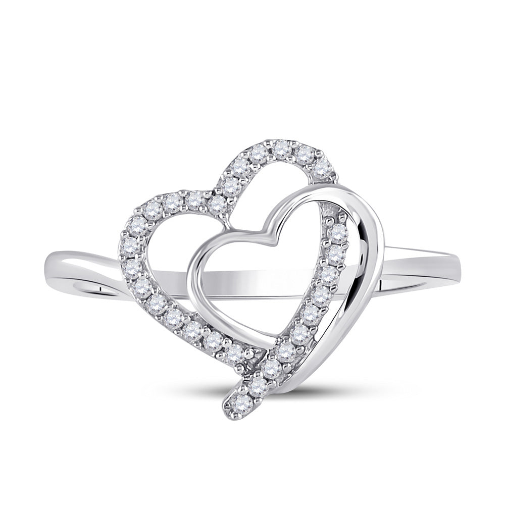 Sterling Silver Womens Round Diamond Double Heart Ring 1/6 Cttw, Womens Size: 5-10