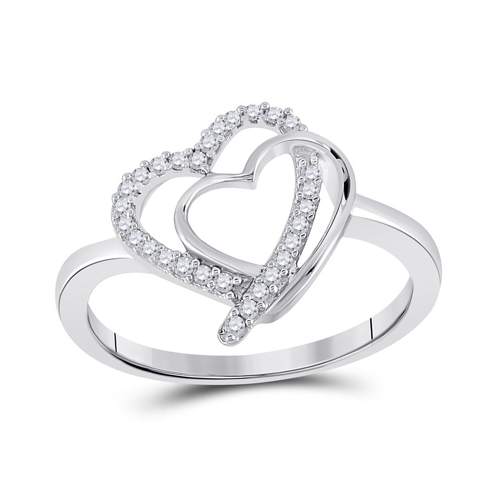 Sterling Silver Womens Round Diamond Double Heart Ring 1/6 Cttw, Womens Size: 5-10
