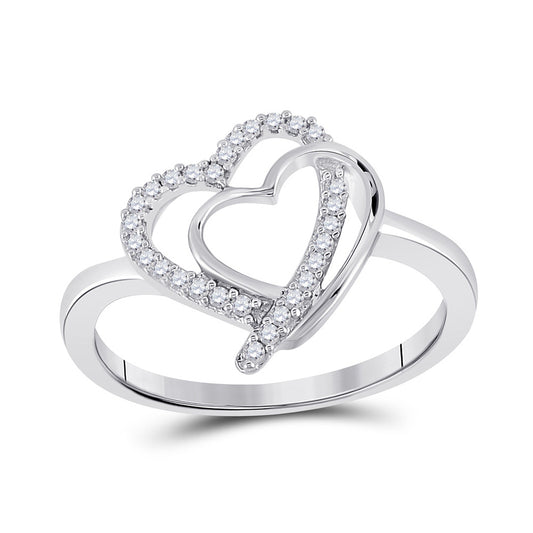 Sterling Silver Womens Round Diamond Double Heart Ring 1/6 Cttw, Womens Size: 5-10