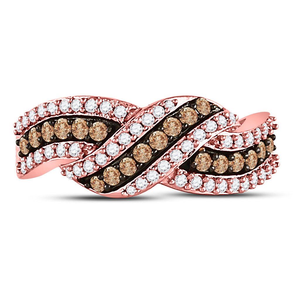 10K Rose Gold Womens Round Brown Diamond Crossover Band Ring 3/4 Cttw, Womens Size: 5-10
