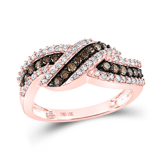 10K Rose Gold Womens Round Brown Diamond Crossover Band Ring 3/4 Cttw, Womens Size: 5-10