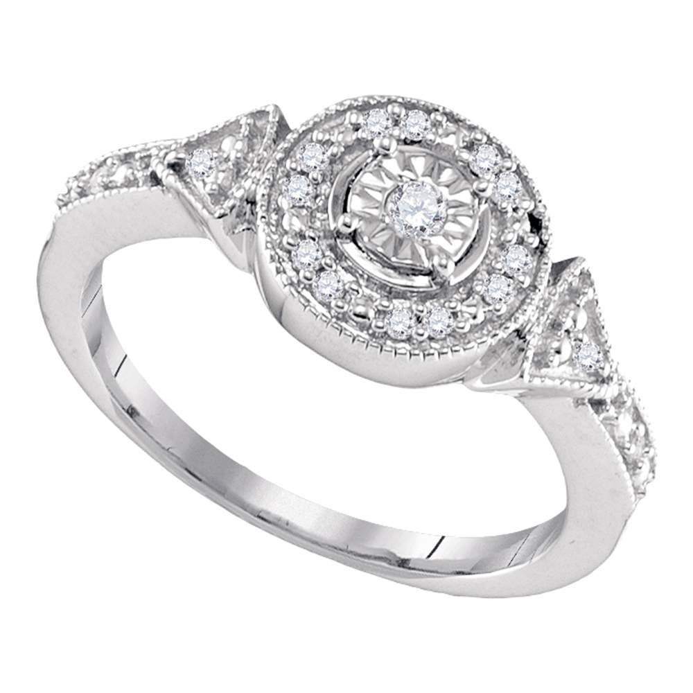 Sterling Silver Womens Round Diamond Halo Solitaire Ring 1/8 Cttw, Womens Size: 5-10