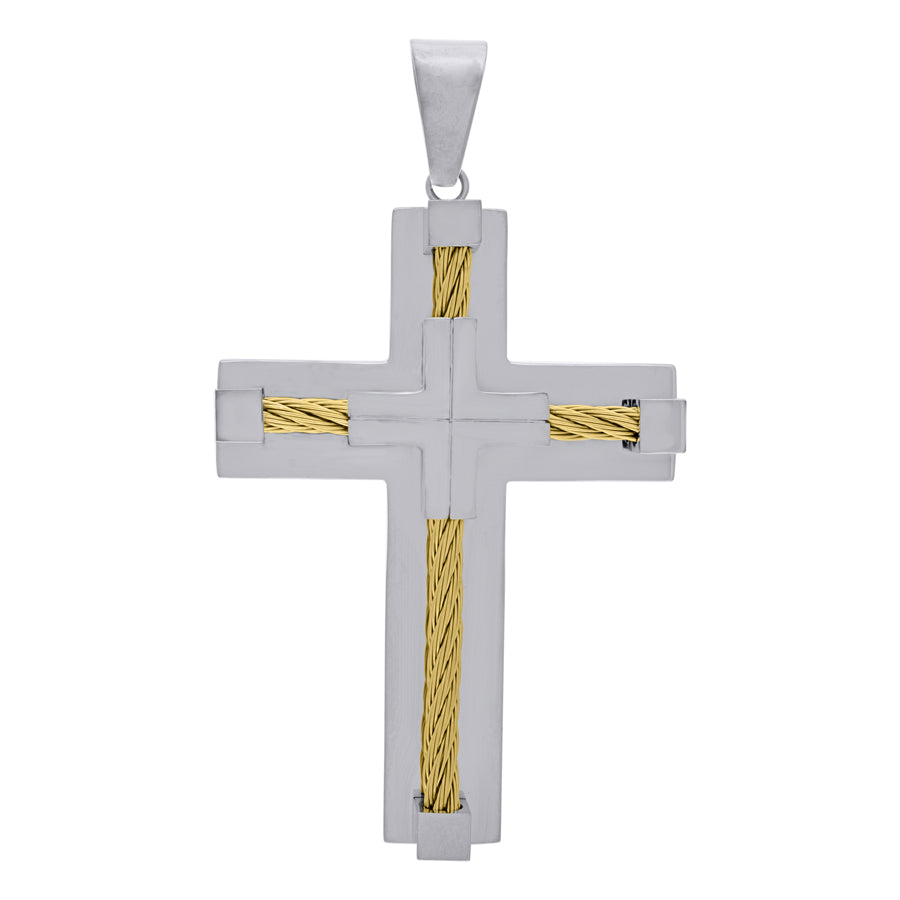 Stainless Steel Mens Cable Rope Inlay Cross Religious Charm Pendant