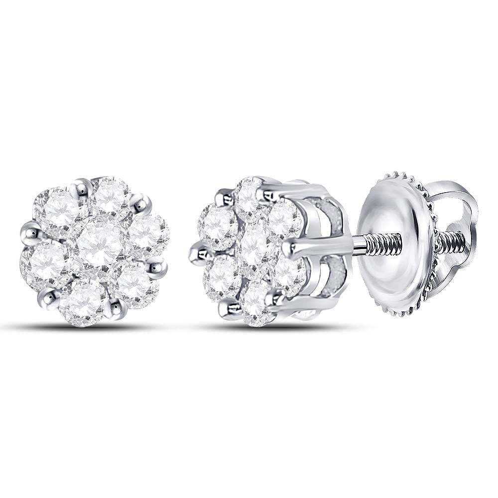 14K White Or Yellow Gold Womens Round Diamond Flower Cluster Earrings