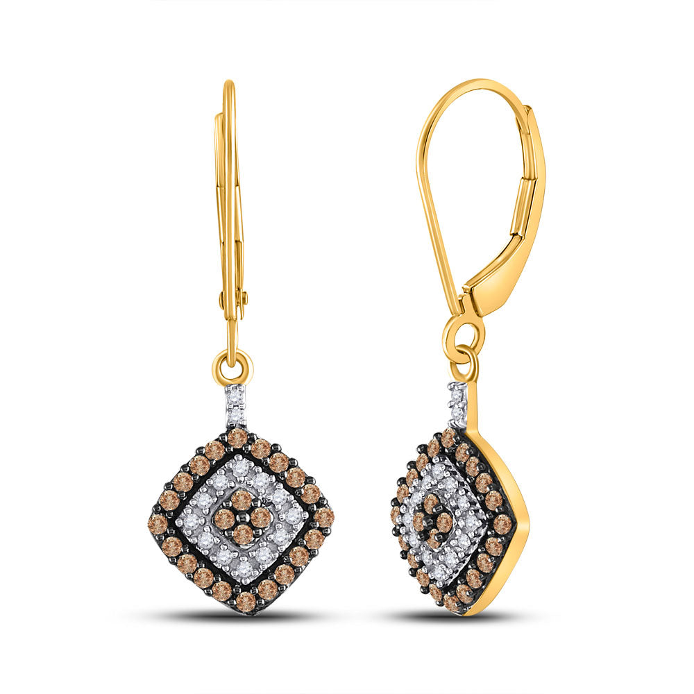 10K Yellow Gold Womens Round Brown Diamond Square Dangle Earrings 1/2 Cttw