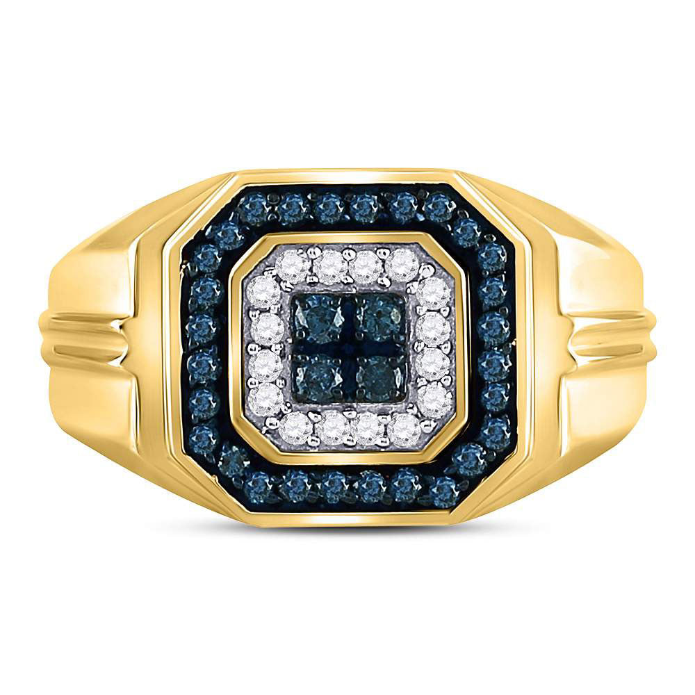 10K Yellow Gold Mens Round Blue Color Enhanced Diamond Square Ring 5/8 Cttw, Mens Size: 7-13