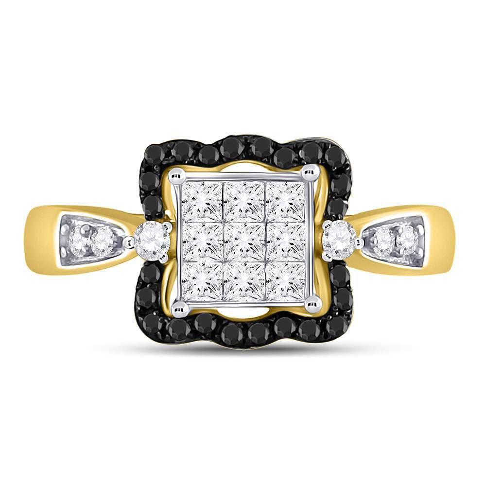 10K Yellow Gold Womens Round Black Color Enhanced Diamond Cluster Ring 3/4 Cttw, Womens Size: 5-10