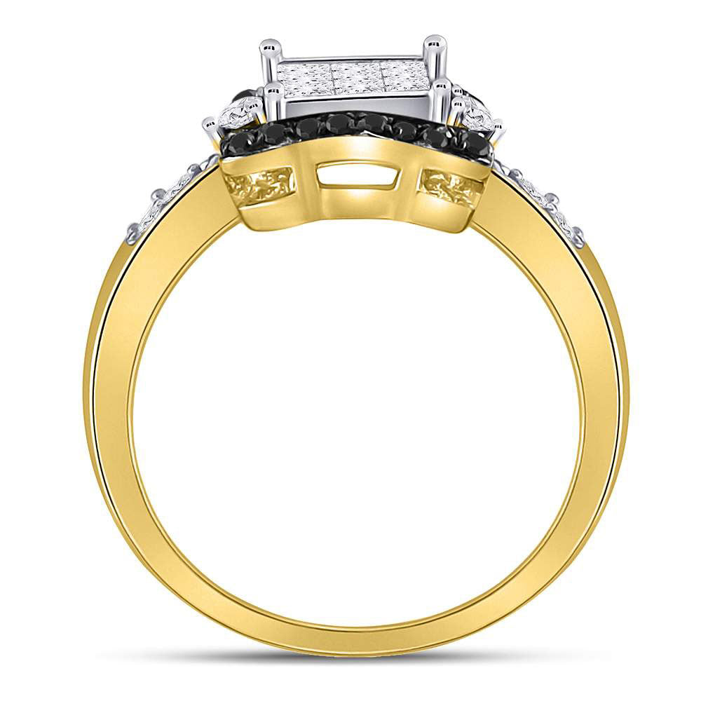 10K Yellow Gold Womens Round Black Color Enhanced Diamond Cluster Ring 3/4 Cttw, Womens Size: 5-10