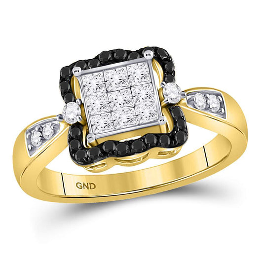 10K Yellow Gold Womens Round Black Color Enhanced Diamond Cluster Ring 3/4 Cttw, Womens Size: 5-10