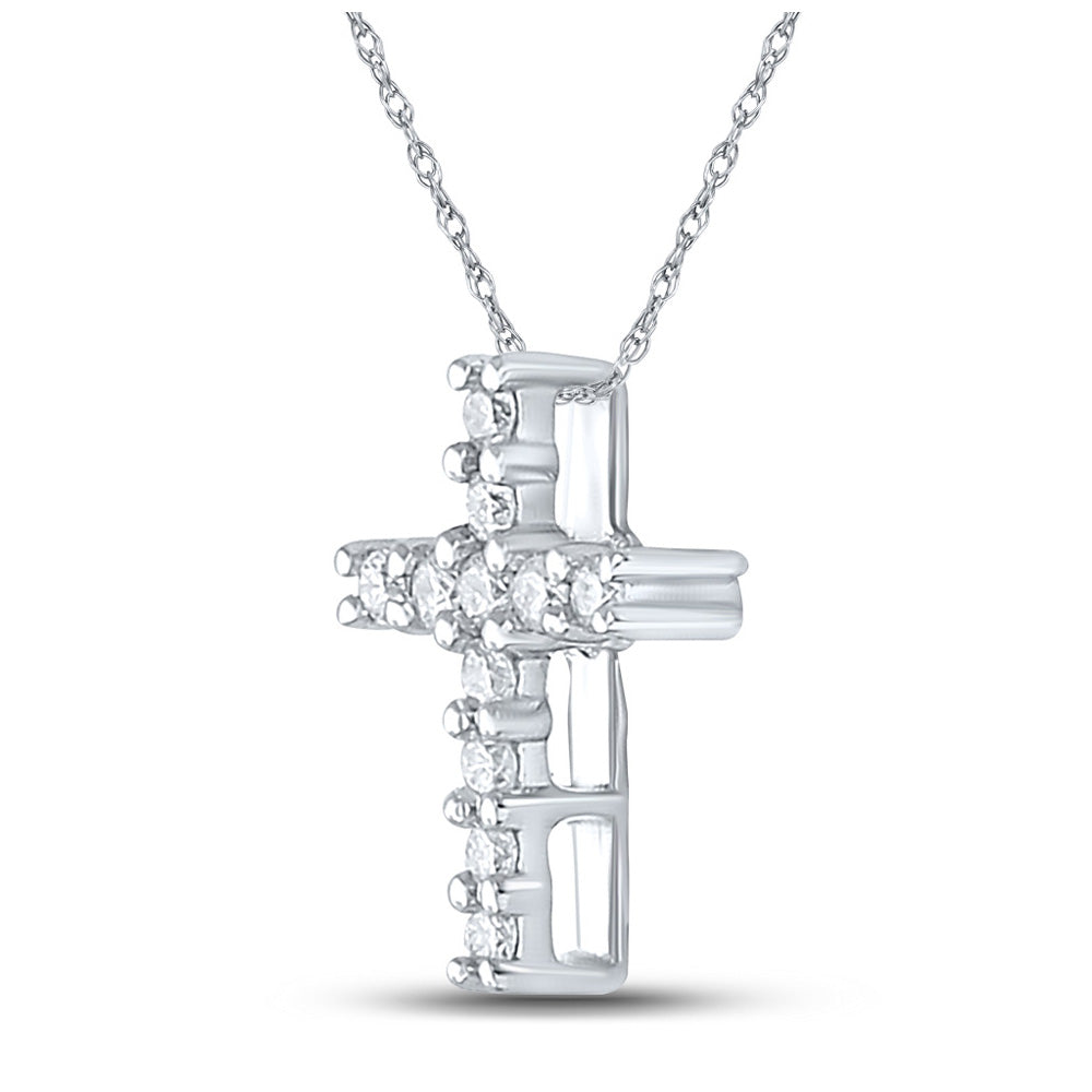 10K White Gold Womens Round Diamond Cross Pendant 1/10 Cttw