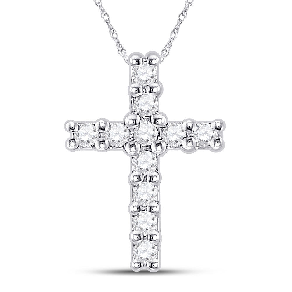 10K White Gold Womens Round Diamond Cross Pendant 1/10 Cttw