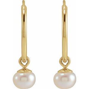 14K Yellow Gold Pair 4 Mm Cultured White Freshwater Pearl Dangle Endless Hoop Earrings, Length: 12 Mm, Thickness: 4 Mm