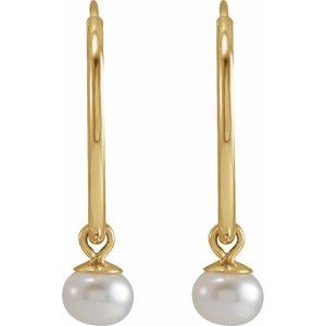 14K Yellow Gold Pair 4 Mm Cultured White Freshwater Pearl Dangle Endless Hoop Earrings, Length: 15 Mm, Thickness: 4 Mm