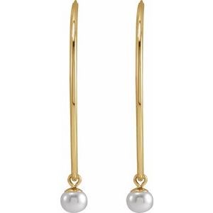 14K Yellow Gold Pair 4 Mm Cultured White Freshwater Pearl Dangle Endless Hoop Earrings, Length: 30 Mm, Thickness: 4 Mm