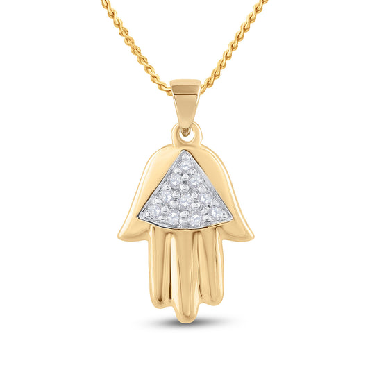 10K Yellow Gold Womens Round Diamond Hamsa Fashion Pendant 1/20 Cttw