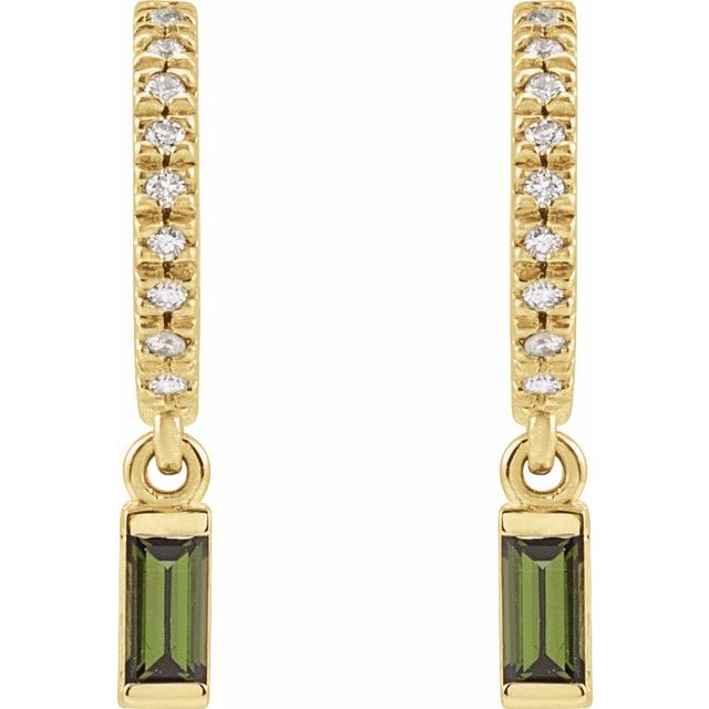 14K Yellow Gold Straight Baguette 4 X 2 Mm Friction Back Polished Natural Green Tourmaline And .08 Ctw Natural Diamond French-Set Dangle Hoop Earrings