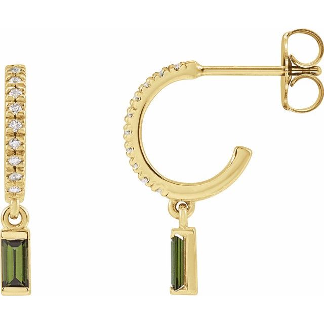 14K Yellow Gold Straight Baguette 4 X 2 Mm Friction Back Polished Natural Green Tourmaline And .08 Ctw Natural Diamond French-Set Dangle Hoop Earrings