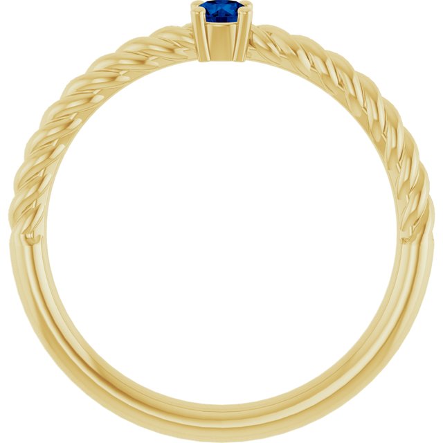14K Yellow Gold Round 3 Mm Polished Lab-Grown Blue Sapphire Solitaire Rope Ring, Size 7