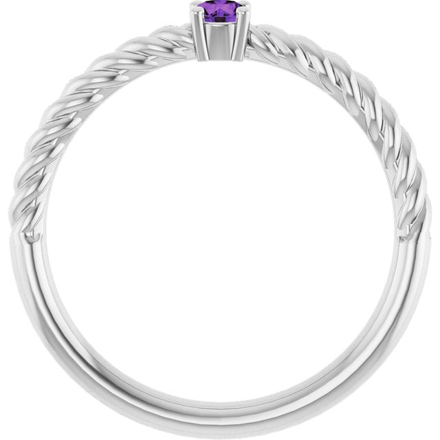14K White Gold Round 3 Mm Polished Natural Amethyst Solitaire Rope Ring, Size 7