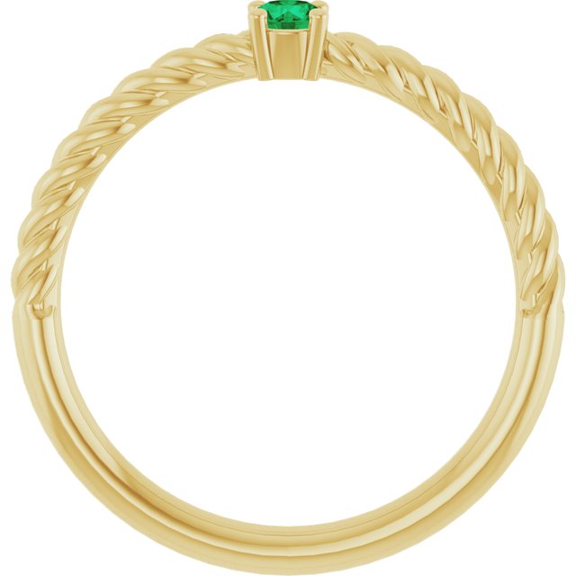 14K Yellow Gold Round 3 Mm Polished Lab-Grown Emerald Solitaire Rope Ring, Size 7