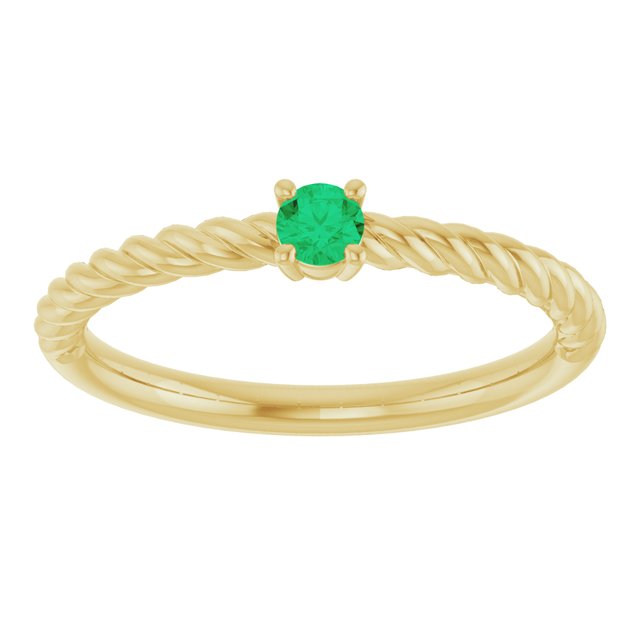14K Yellow Gold Round 3 Mm Polished Lab-Grown Emerald Solitaire Rope Ring, Size 7