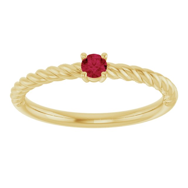 14K Yellow Gold Round 3 Mm Polished Lab-Grown Ruby Solitaire Rope Ring, Size 7