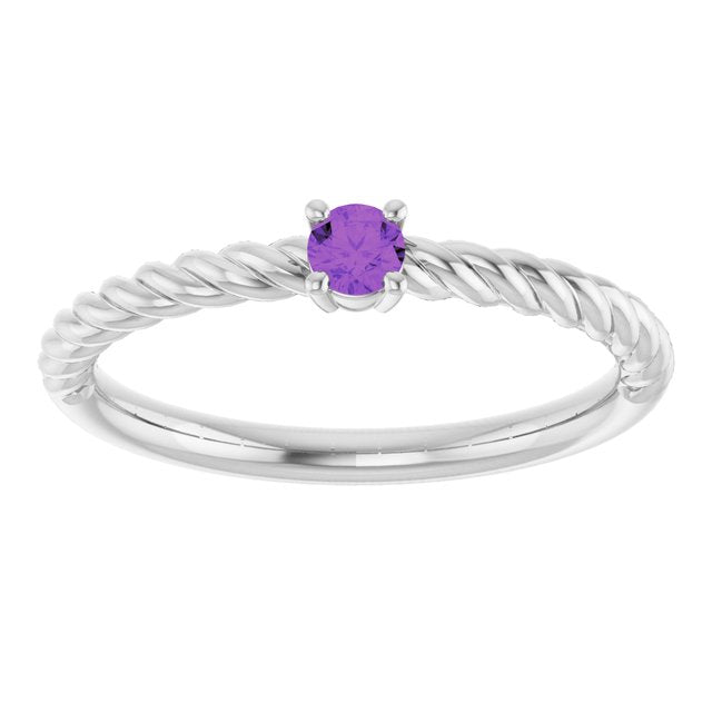 14K White Gold Round 3 Mm Polished Natural Amethyst Solitaire Rope Ring, Size 7