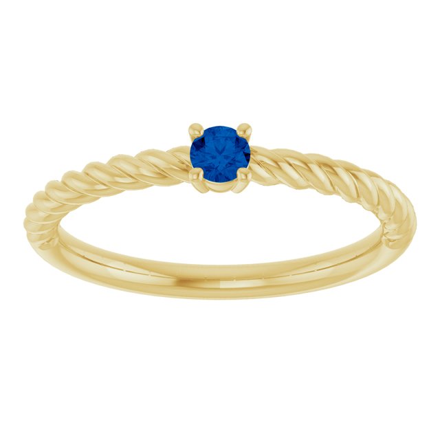14K Yellow Gold Round 3 Mm Polished Lab-Grown Blue Sapphire Solitaire Rope Ring, Size 7