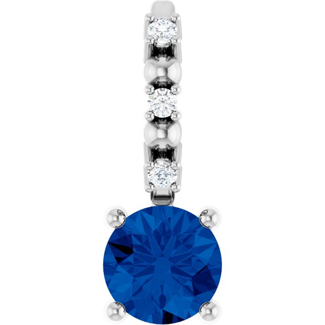 14K White Gold Or Sterling Silver Round 4Mm I1, G-H Polished Imitation Blue Sapphire And .01 Ctw Natural Diamond Charm/Pendant