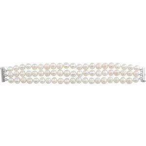Sterling Silver Pearl 8.0-9.0 Mm Cultured White Freshwater Pearl Bracelet, Length: 7.25 In