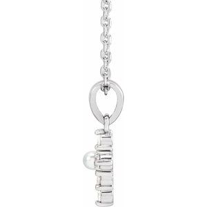 14K White Gold Pearl 2Mm G-H I1 Cultured White Seed Pearl And .07 Ctw Natural Diamond Petite Cross Necklace, Length: 18 In