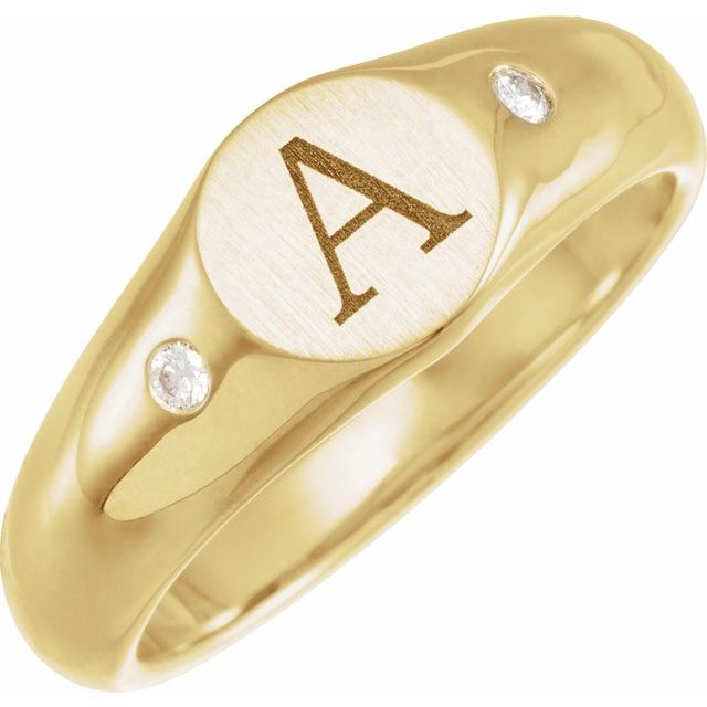 14K Yellow Gold Round 2 Mm Polished .06 Ctw Natural Diamond Engravable Signet Ring, Size 10
