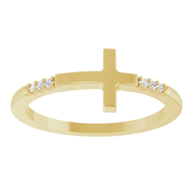 14K Yellow Gold Round 1.1 Mm Polished .025 Ctw Natural Diamond Stackable Sideways Cross Ring, Size 7