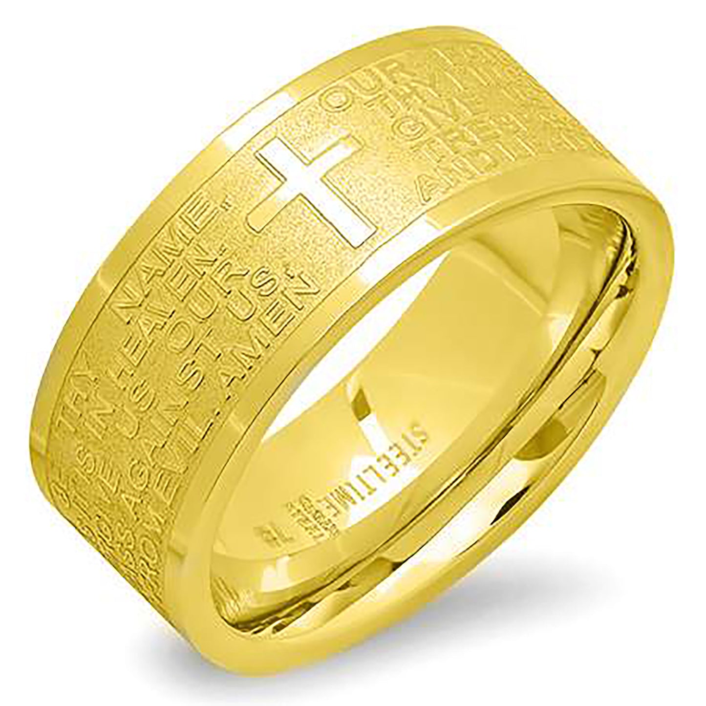 Stainless Steel Or Yellow-Tone Mens Lords Prayer Cross Religious Comfort-fit Bridal Anniversary Wedding Engagement Band Ring