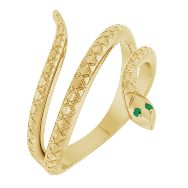 14K Yellow Gold Round 1 Mm Polished Natural Emerald Snake Ring, Size 7